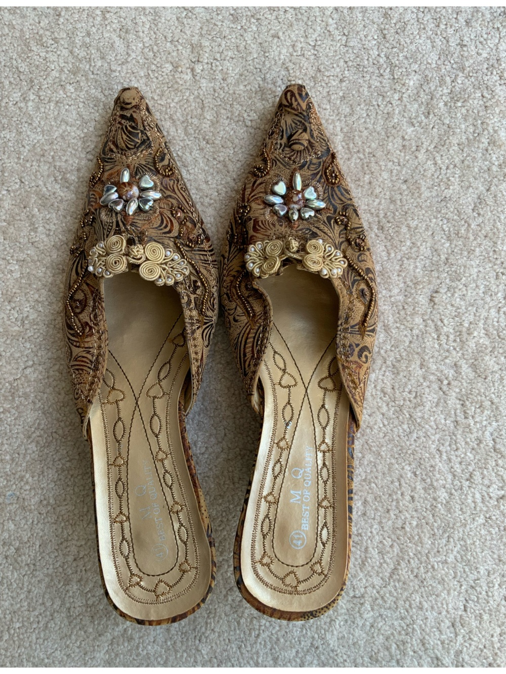 New Elegant Gold embroidered and Embellished Point Toe Flats